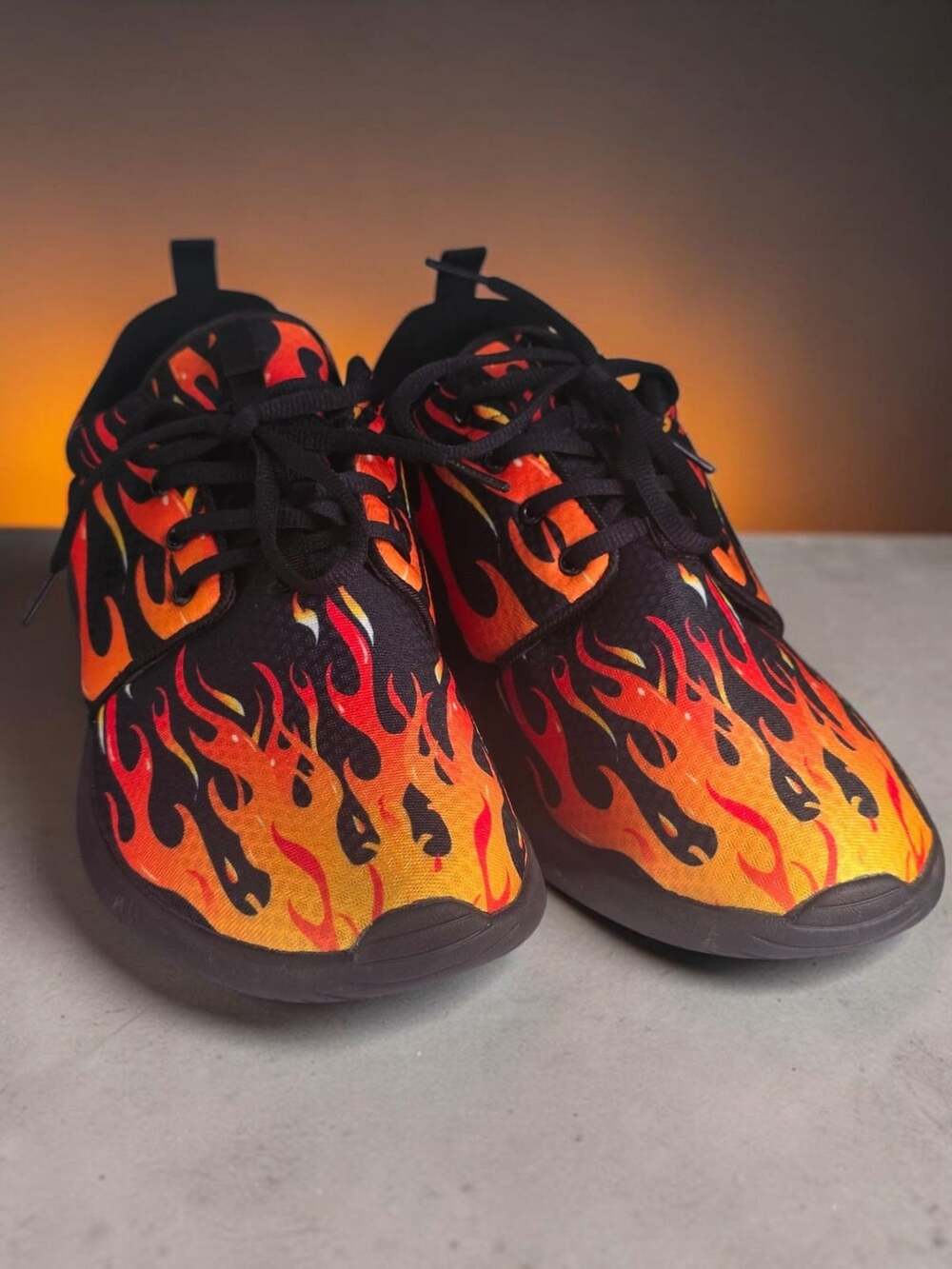 Flame Print Mesh Sneakers Size 47 Black Orange Fire Pattern Sport Shoes